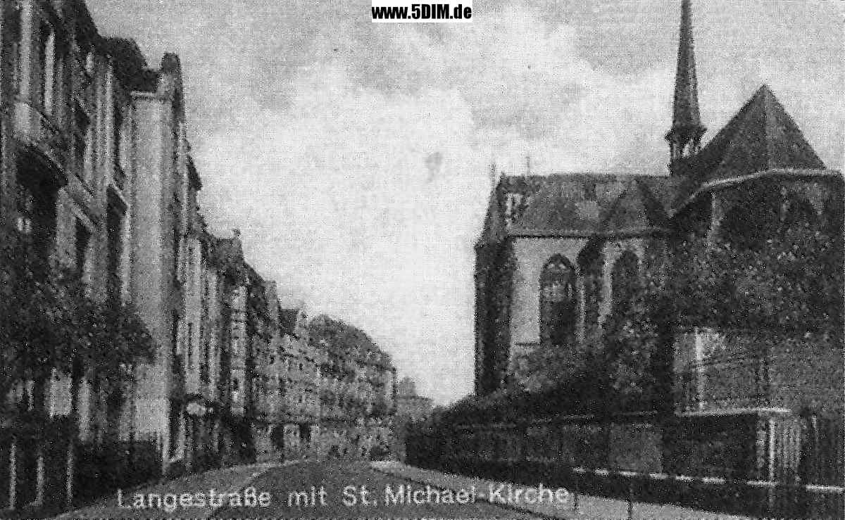 EU/D/NRW/HA/Wehringhausen/Langestrasse/Michaelkirche/SW-AK_EU_D_NW_HA-Wehringhausen_mit_4_Motiven_um_1950_Motiv3_LangeStrasse_mit_Michaelskirche_1200x0739