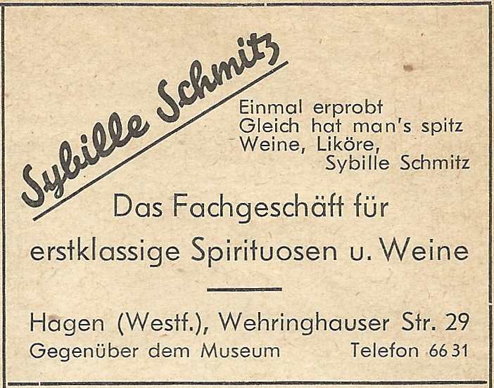 EU/D/NW/HA/Wehringhausen/WehringhauserStrasse/029/SW-Anzeige_FestschriftSanktMichael1952_Anzeige_WehringhauserStrasse029_SpirituosenSchmitz