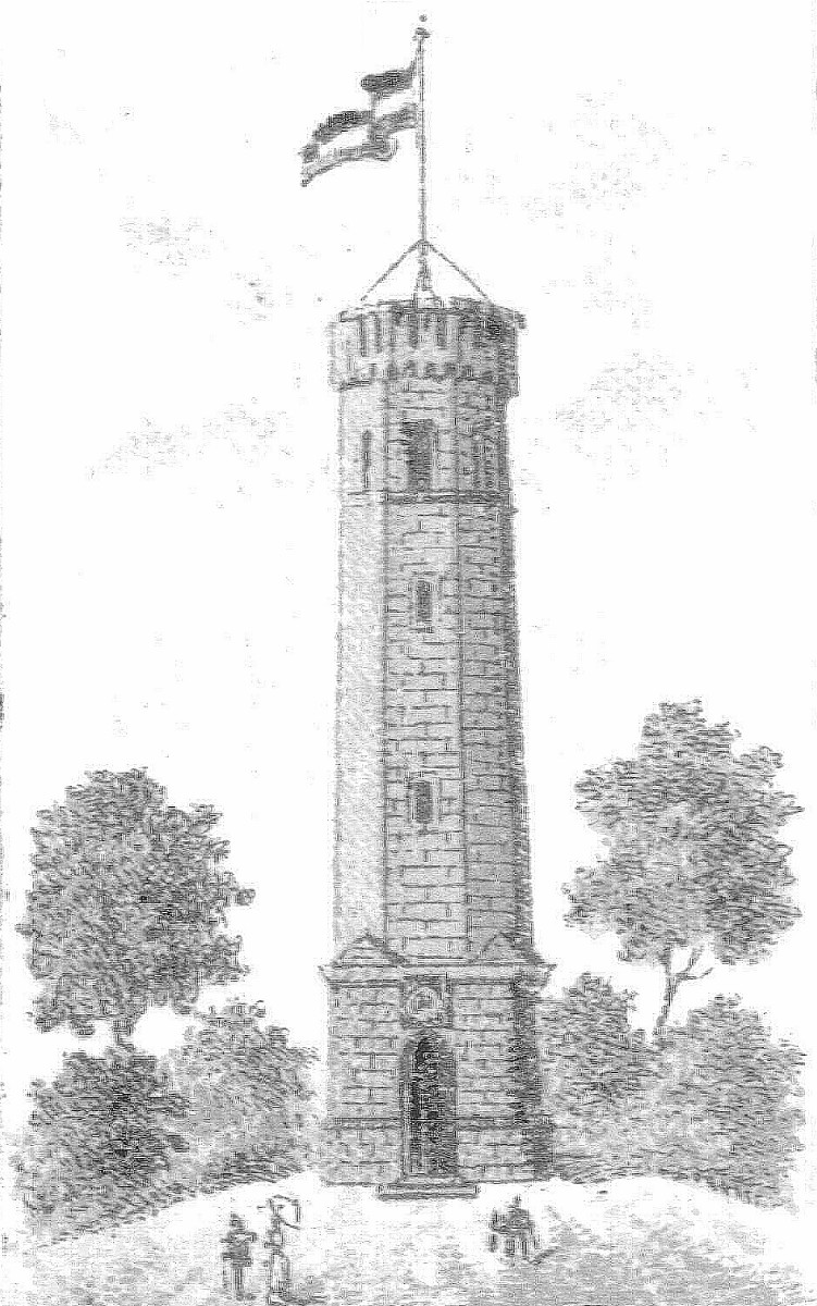 EU/D/NRW/DO/Syburg/Vincketurm/gezeichneter_Vincketurm_auf_4-Bild-Ansichtskarte_Hohensyburg_18980527