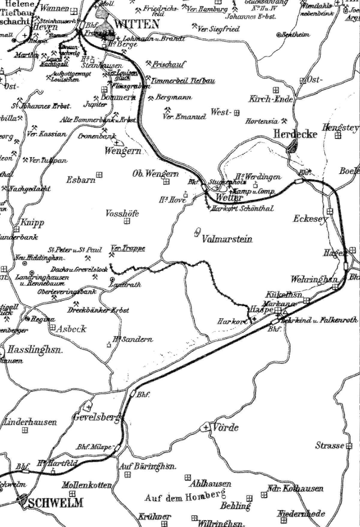 EU/D/NRW/1857xxxx_EU_D_NW_Uebersichtsplan_von_Bahnen_Fluesse_Orte_Strassen_Zechen_zwischen_Schwelm_Witten_Hagen_(Ennepetalbahnbuch_S15)